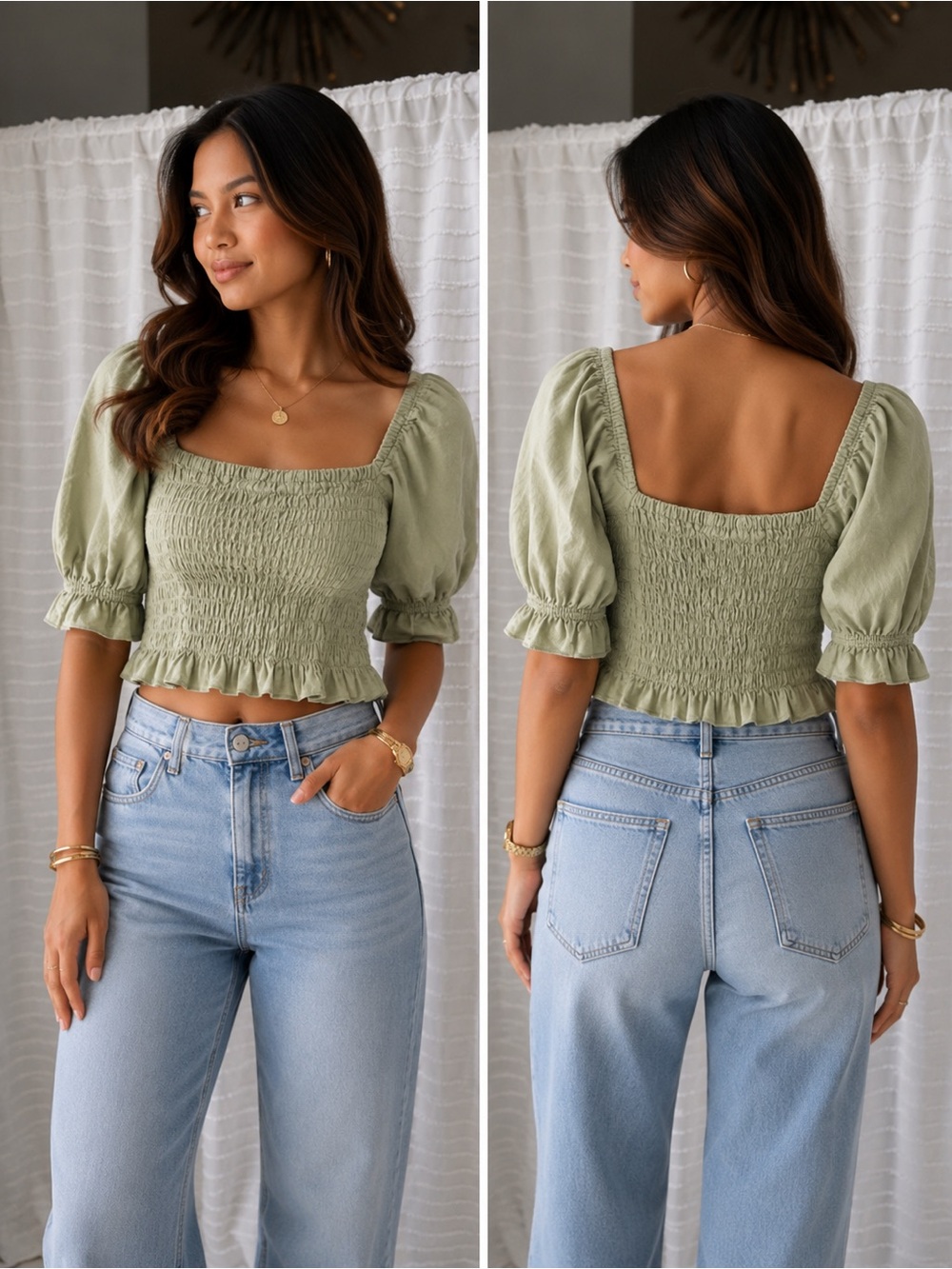 Square Neck Smocked Puff Sleeve Crop Top -Sage